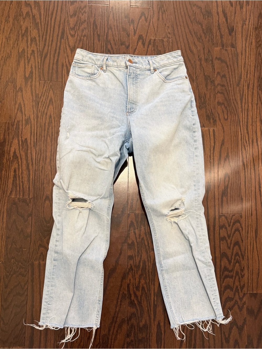 Express Light Blue Distressed Straight Leg Jeans